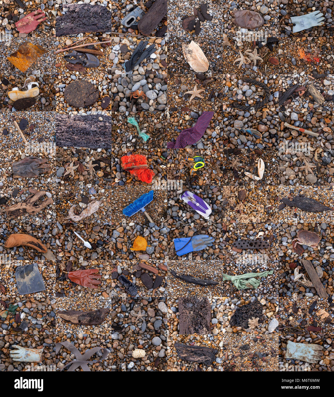 Eine Montage der Einzelteile gewaschen bis auf einen Kiesstrand nach "das Tier aus dem Osten' Nordsee Sturm, Küste von Suffolk, England Stockfoto