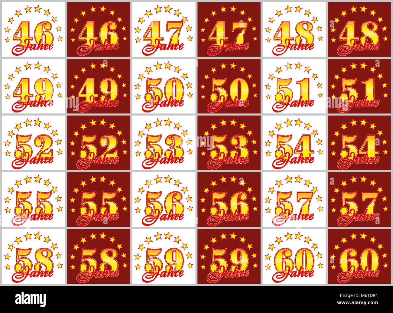 Satz von Gold Zahlen von 46 bis 60 und das Wort des Jahres mit einem Kreis von Sternen verziert. Vector Illustration. Aus dem Deutschen übersetzt - Jahre Stock Vektor