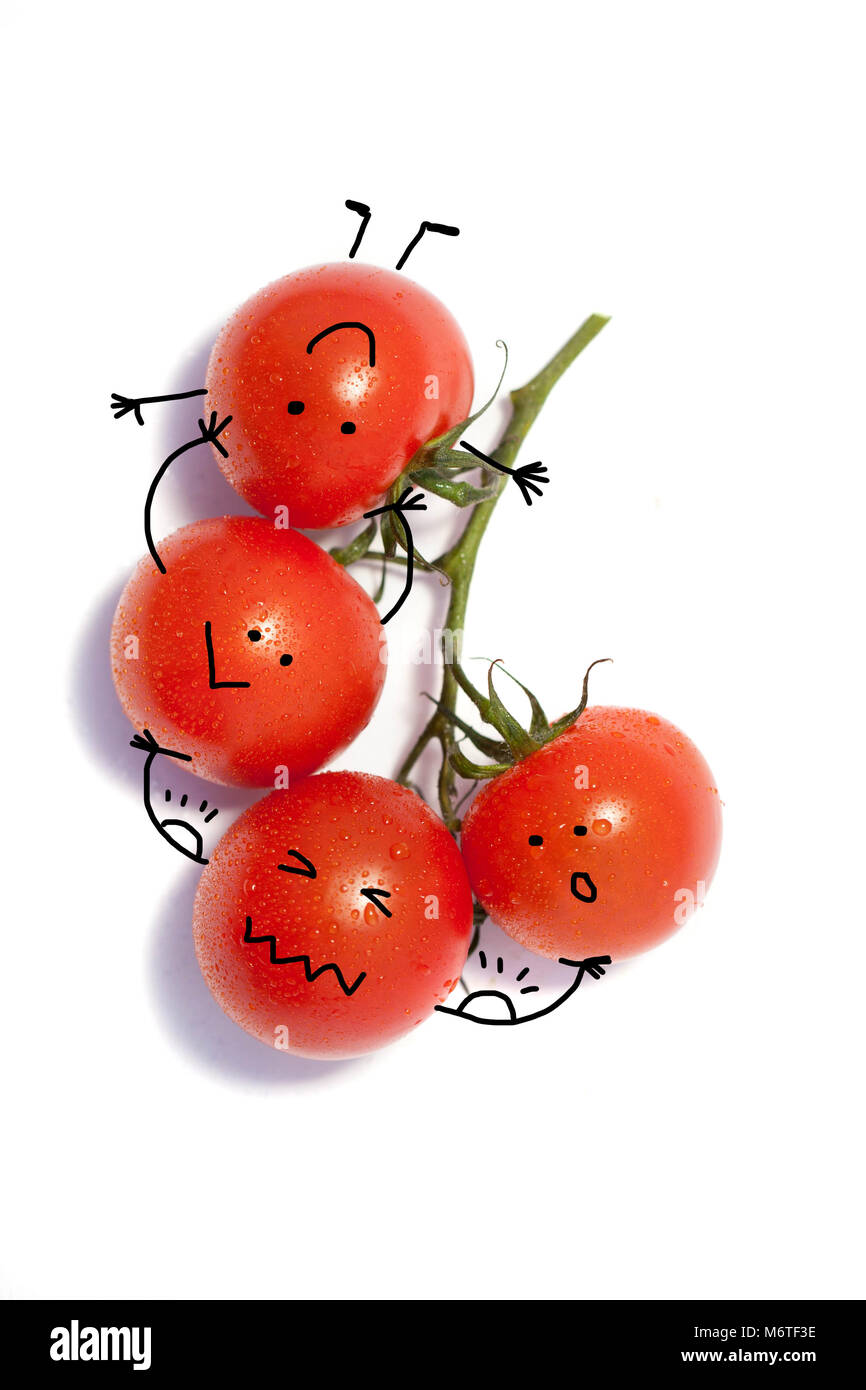 Bündel von frischen Tomaten mit Wassertropfen. Auf weissem Hintergrund. Emotionen; Personifizierung, Stärke, Support, Stockfoto