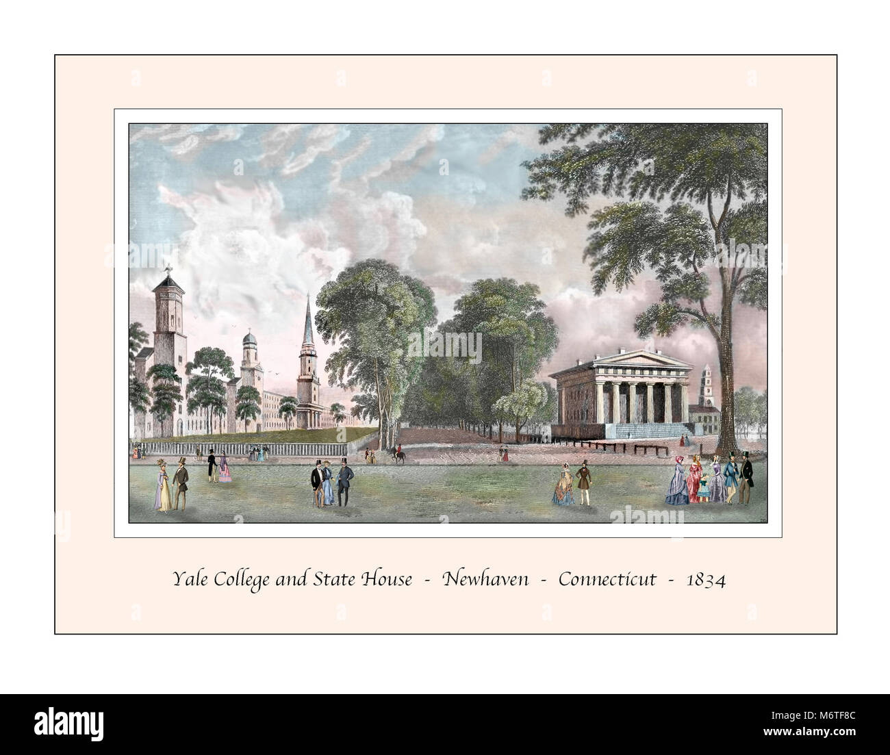 Yale College und State House Original Design im 19. Jahrhundert Gravur auf der Grundlage Stockfoto