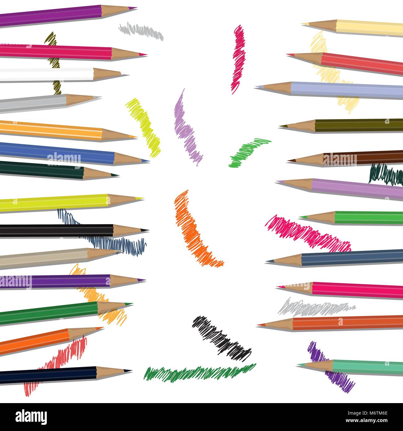 Multi-Buntstifte mit Zeichnungen auf weißem Hintergrund Stock Vektor