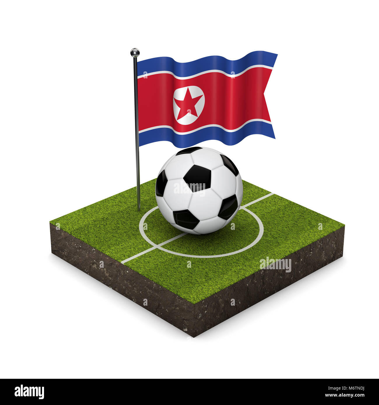 Nordkorea Flagge Fußball-Konzept. Flagge, Kugel und Fußballplatz isometrische Symbol. 3D-Rendering Stockfoto