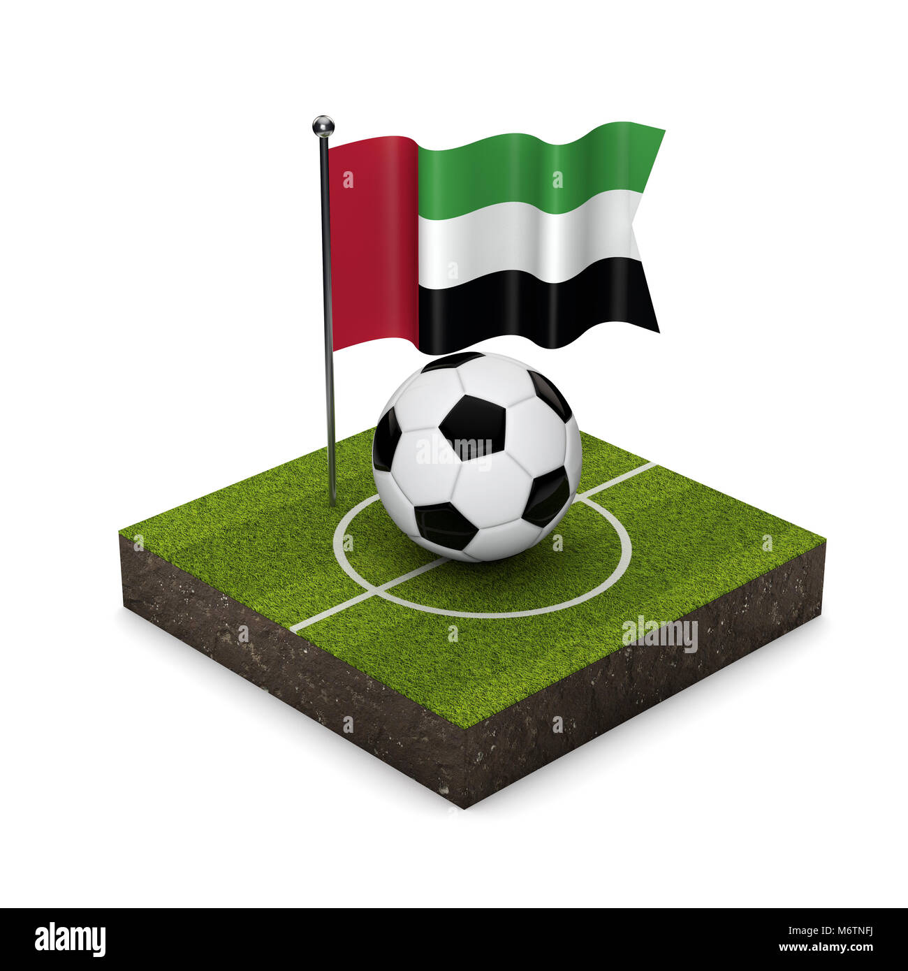 Vereinigte Arabische Emirate Flag football Konzept. Flagge, Kugel und Fußballplatz isometrische Symbol. 3D-Rendering Stockfoto