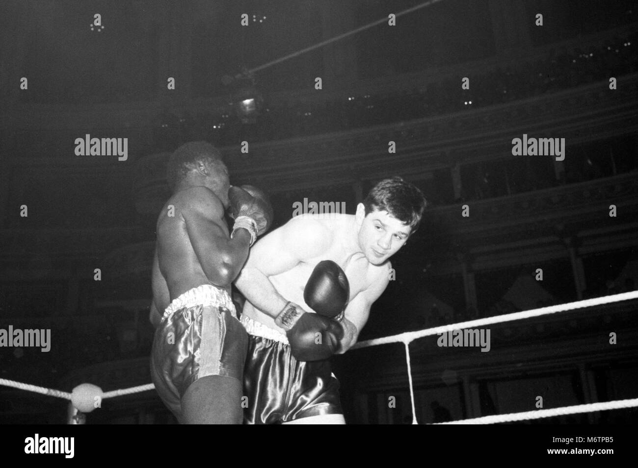 Vic Andreetti (r), das Hoxton, London, leichte Boxer, gegen Maurice Cullen. Stockfoto