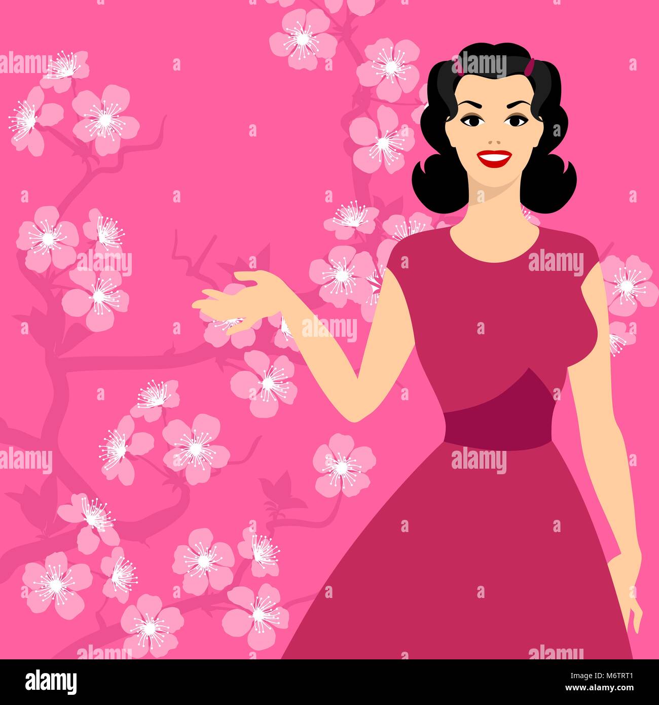 Karte mit Pin-up-Girl und stilisierte Cherry Blossom Stock Vektor