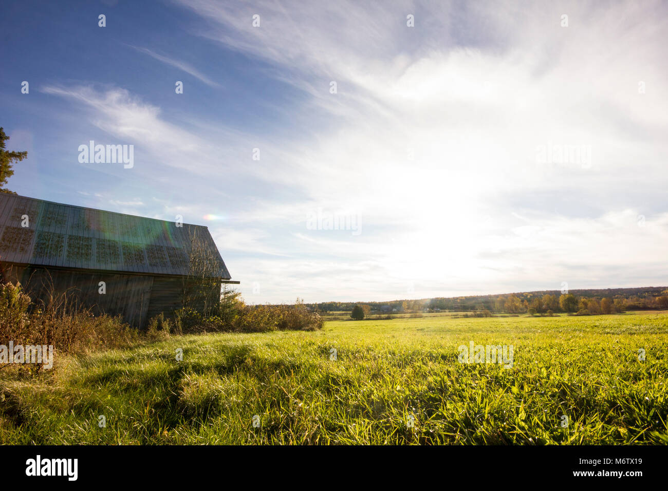 Feld und eine alte Scheune an einem sonnigen Tag in Québec, Kanada. Stockfoto