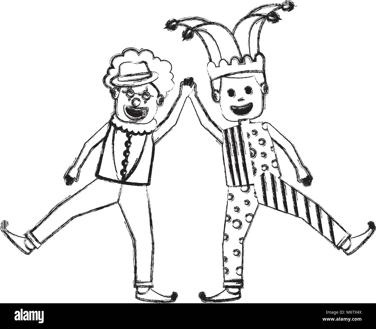 Lustige happy Clown und Mann mit jester Kleidung hat Zeichen Vektor-illustration Skizze Bild Stock Vektor