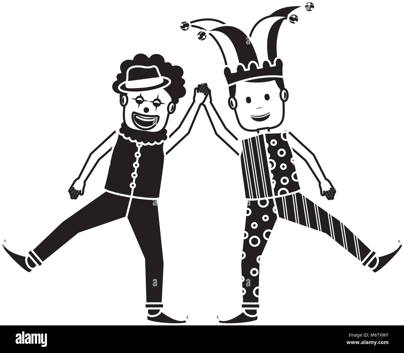 Lustige happy Clown und Mann mit jester Kleidung hat Zeichen Vektor-illustration Schwarz/Weiß-Bild Stock Vektor