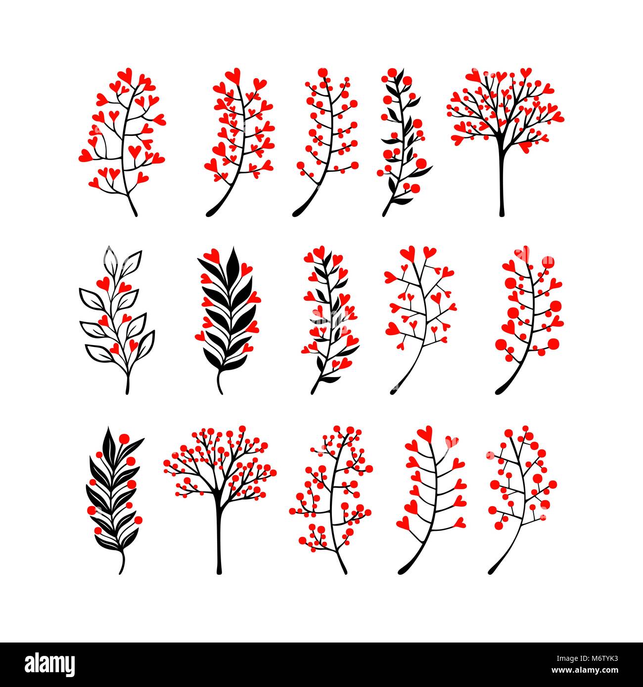 Vektor-florale Elemente im Doodle-Stil - Blüten und Blätter. Sommerblumen für Grußkarten, Hochzeit Designs oder Einladungen. Stock Vektor