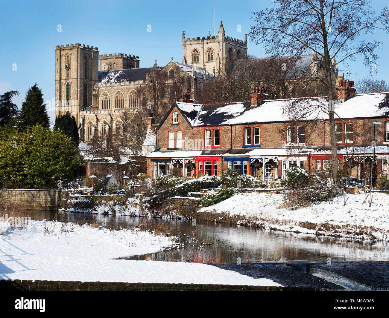 Ripon Kathedrale aus dem Fluss Skell im Winter Ripon North Yorkshire England Stockfoto