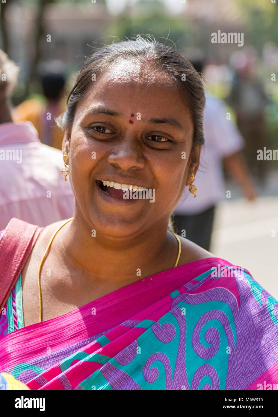 Porträt einer lächelnden indischen Frau in einem rosa, lila und grünen Sari (saree) in Neu-Delhi, Indien Stockfoto