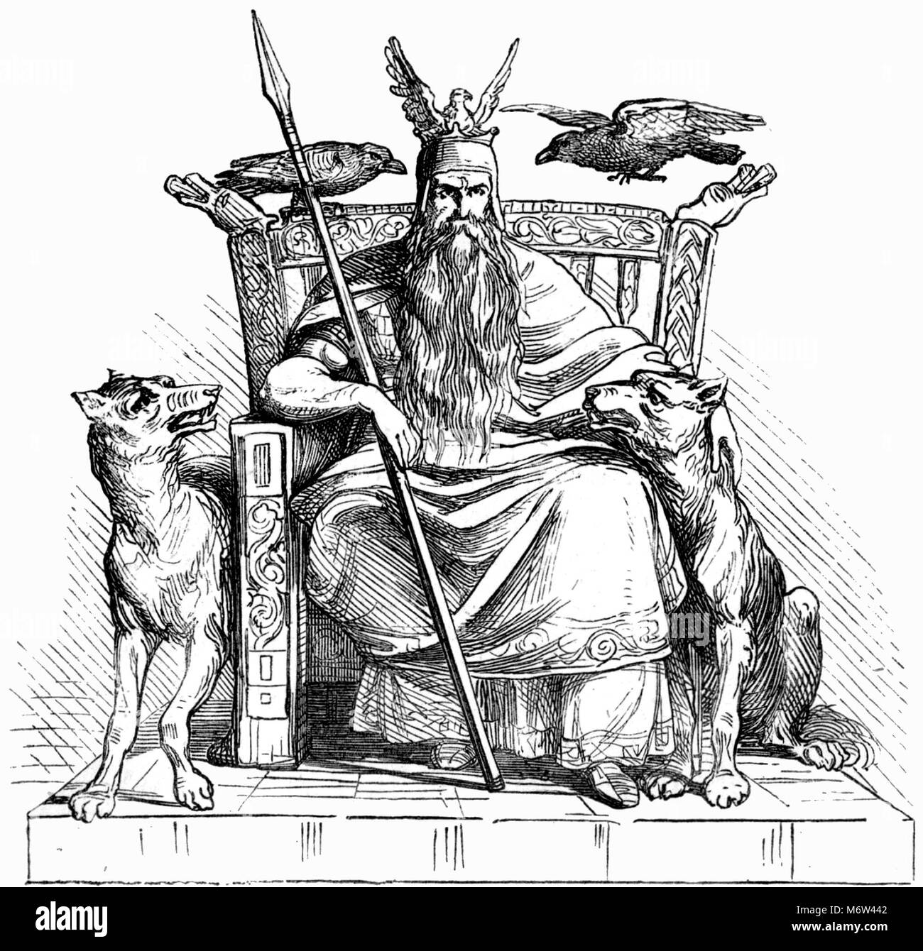 Der nordische Gott Odin mit seinen beiden Wölfen Geri und Freki und seinen beiden Raben Huginn und Muninn, mit seinem Speer Gungnir. Illustration aus dem Handbuch der Mythologie, veröffentlicht 1874. Stockfoto