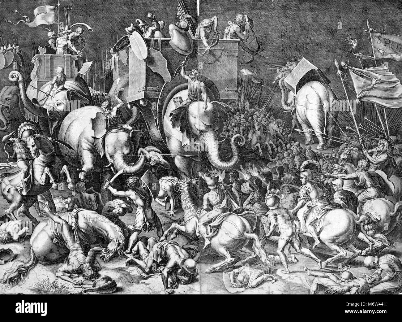 Kupferstich mit der Darstellung der Schlacht von Zama-in 202 v. Chr. in der Nähe von Zama (Tunesien) -, die das Ende des Zweiten Punischen Krieges markiert gekämpft. Gravur von einem Gemälde von Cornelis Cort (1533-1578). Das Bild zeigt Scipio Africanus zu Pferd mit römischen Soldaten Hannibal engagieren, Reitschule einen Krieg Elefanten, während der Schlacht von Zama. Stockfoto