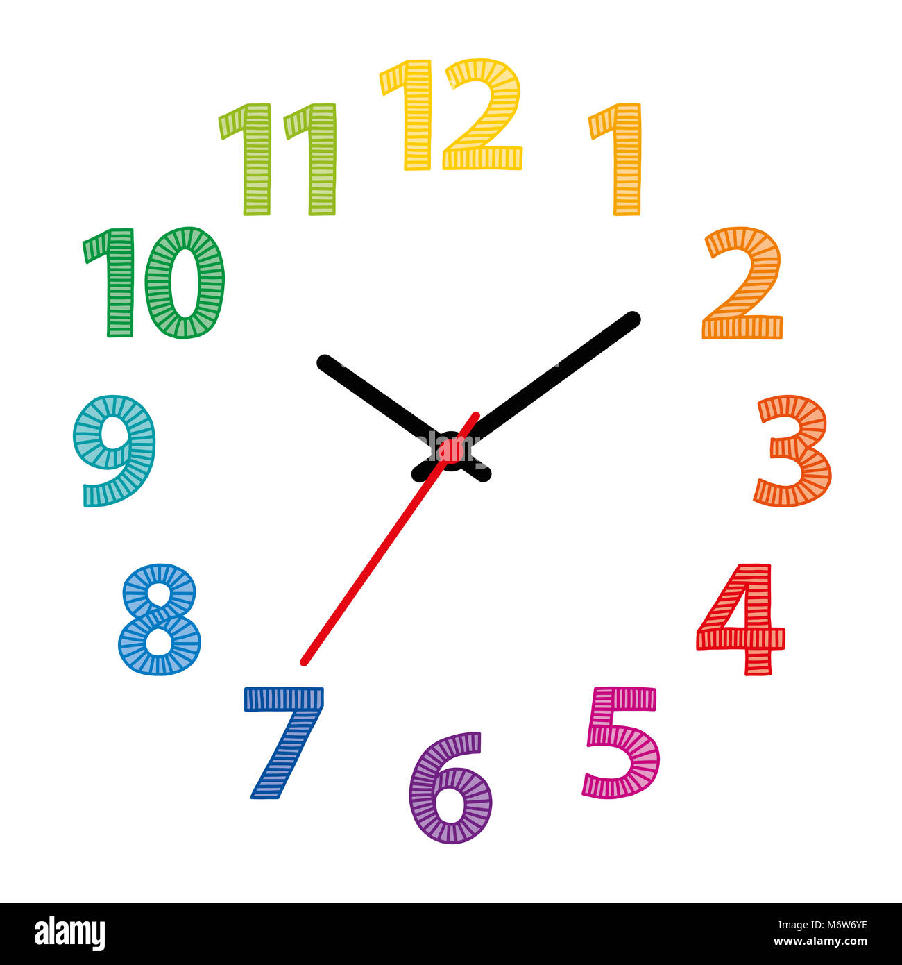 Regenbogenfarbige wählen. Zifferblatt mit bunten handgezeichnete Ziffern über Weiß. Teil einer analogen Uhr. Zeigt die Zeit an. Stockfoto