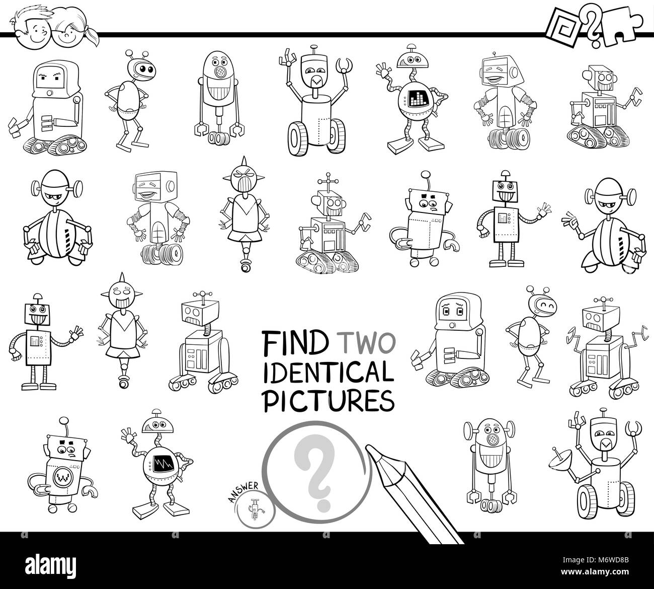 Schwarze und Weiße Cartoon Illustration, zwei identische Bilder Lernspiel für Kinder mit Roboter Fantasy Figuren Malbuch Stock Vektor