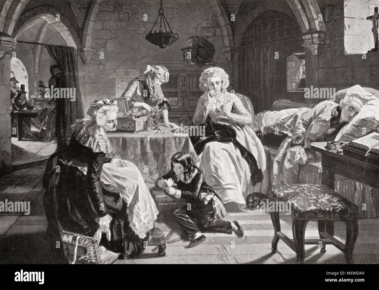 Ludwig XVI. und seine Familie, Gefangene im Tempel, Paris, Frankreich, 1792. Louis XVI, 1754 - 1793. Letzte König von Frankreich vor dem Sturz der Monarchie in der Französischen Revolution. Von Hutchinson's Geschichte der Nationen, veröffentlicht 1915. Stockfoto