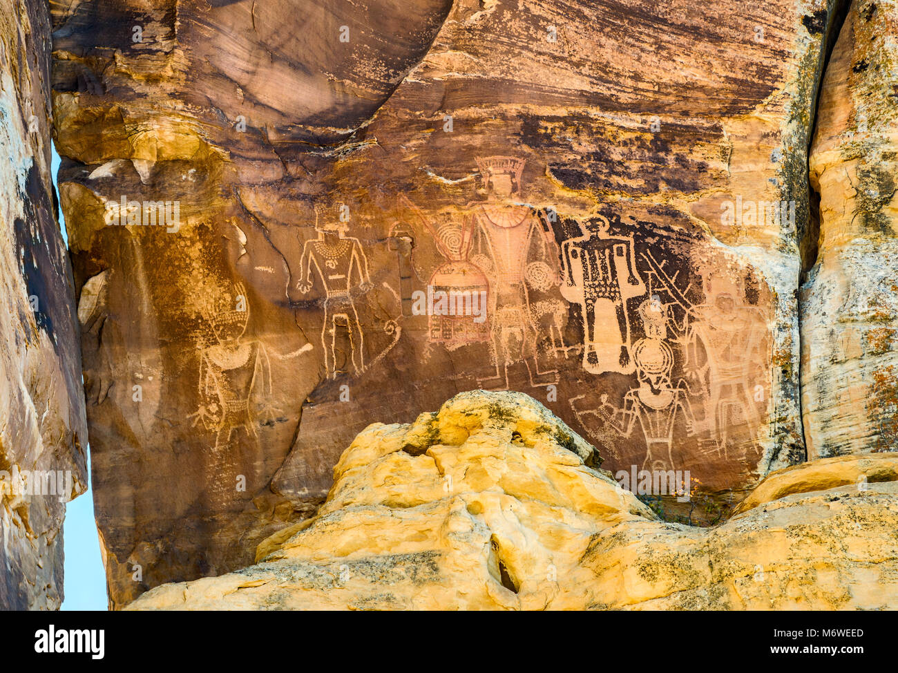 Drei Könige, Indianische Felszeichnungen, Fremont Stil, in Dry Fork Canyon, McConkie Ranch, in der Nähe von Vernal, Utah, USA Stockfoto