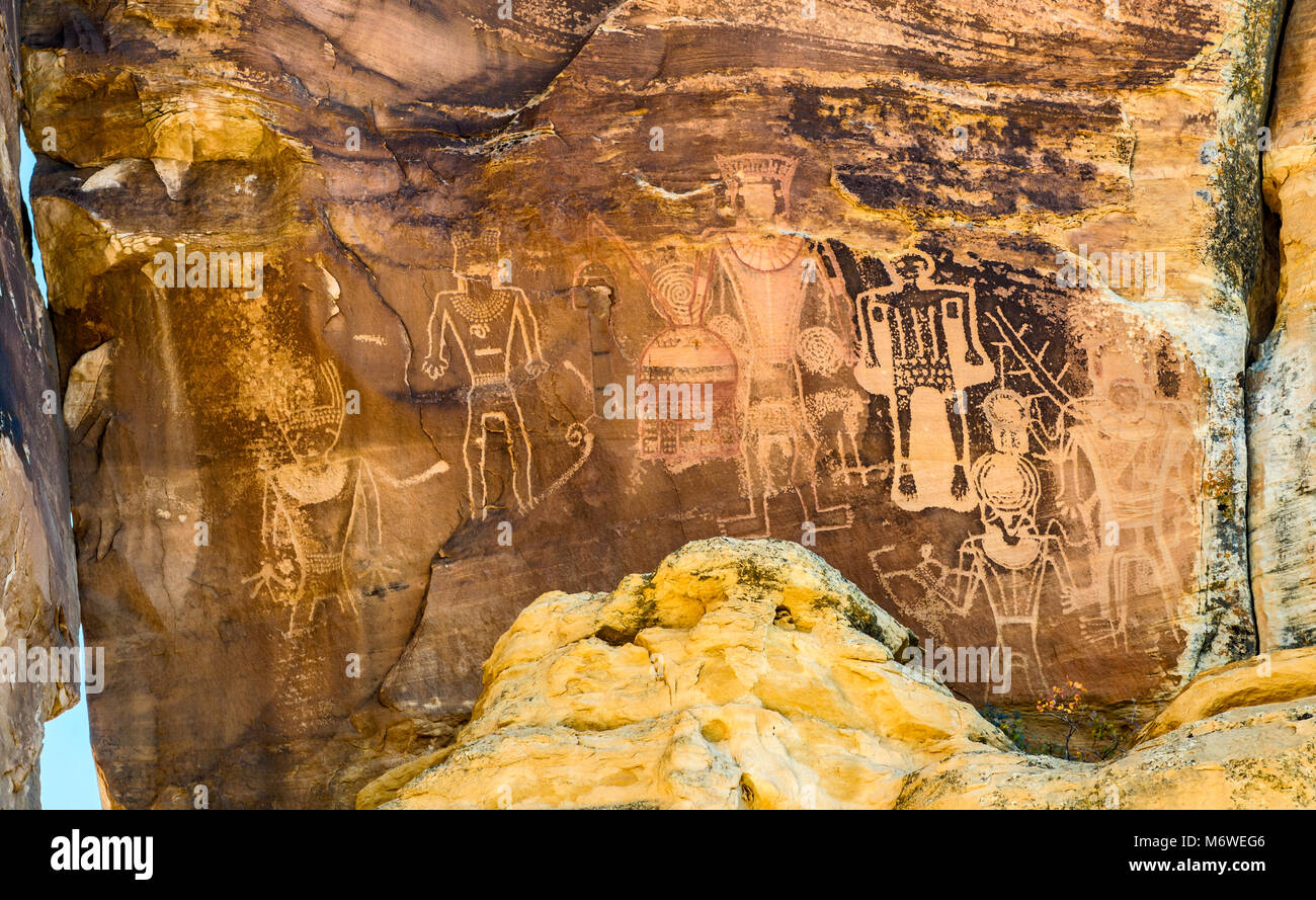Drei Könige, Indianische Felszeichnungen, Fremont Stil, in Dry Fork Canyon, McConkie Ranch, in der Nähe von Vernal, Utah, USA Stockfoto