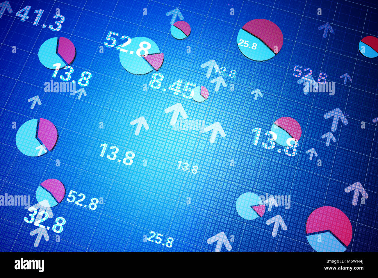 Finanzielle Börsendaten, Erfolg Pfeil und Kreisdiagramm Stockfoto