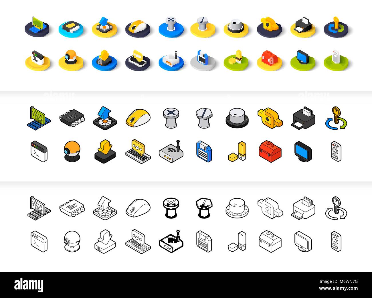 Set von Icons in verschiedenen Stil - isometrische flach und Otline, farbige und schwarze Versionen Stock Vektor