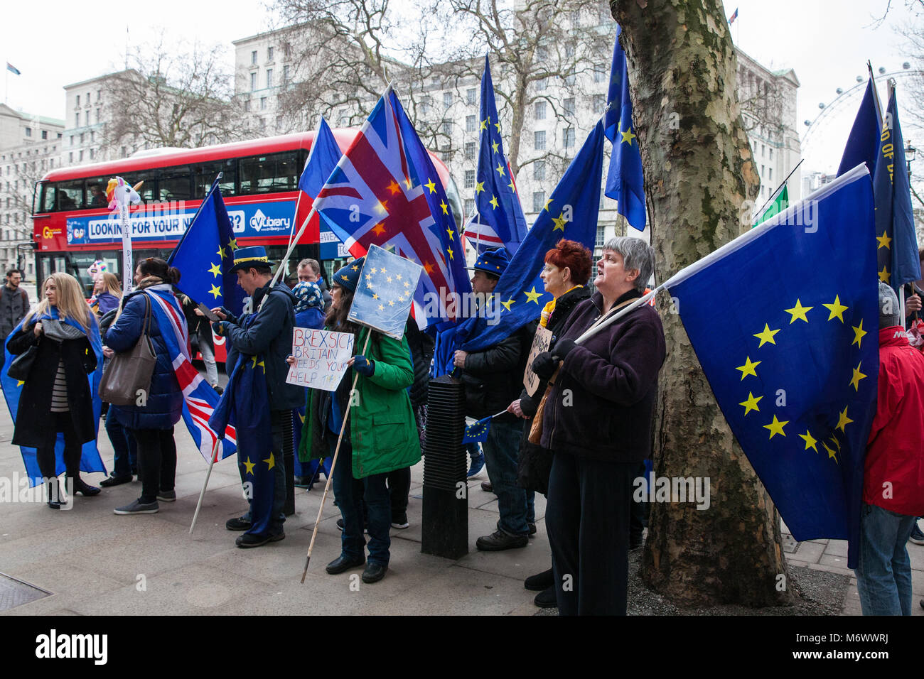 London, Großbritannien. 6. März, 2018. Pro-EU-Demonstranten stehen außerhalb der Downing Street bei einem Treffen mit EU-Verhandlungsführer Guy Verhofstadt. Credit: Mark Kerrison/Alamy leben Nachrichten Stockfoto