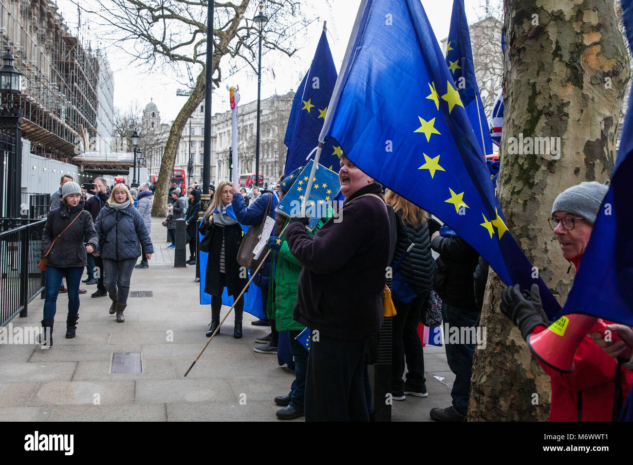 London, Großbritannien. 6. März, 2018. Pro-EU-Demonstranten stehen außerhalb der Downing Street bei einem Treffen mit EU-Verhandlungsführer Guy Verhofstadt. Credit: Mark Kerrison/Alamy leben Nachrichten Stockfoto
