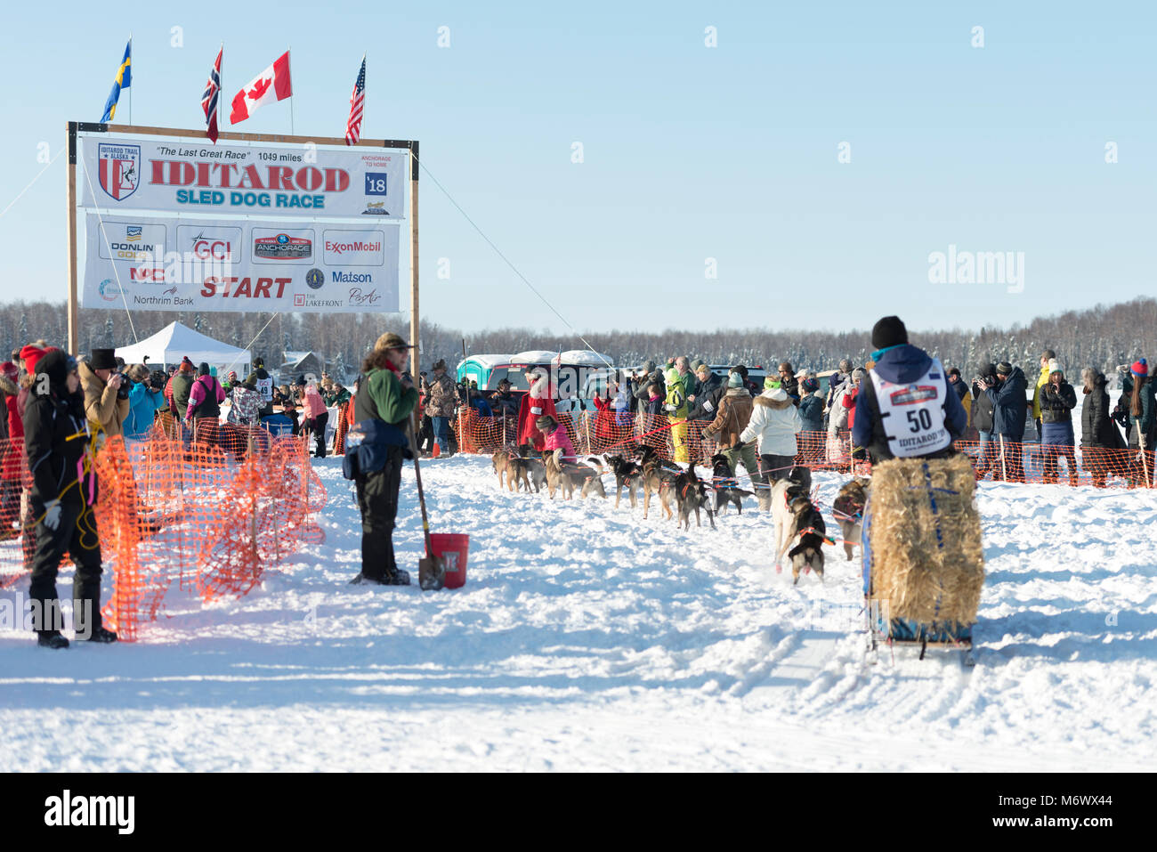 Willow, Alaska, USA. 4 Mär, 2018. Aaron Peck von Grand Prairie, Kanada Annäherung an die Startlinie des Iditarod Schlittenhunderennen. Credit: Kristen Bentz/Alamy leben Nachrichten Stockfoto