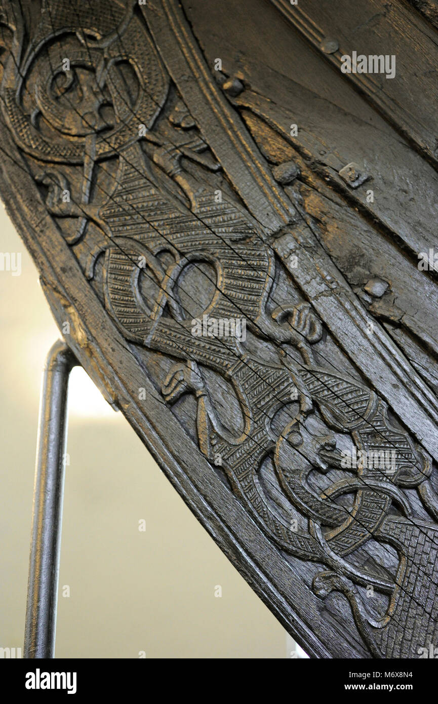 Oseberg-schiff. In Eichenholz gefertigt. 9. Jahrhundert. Detail. Wikingerschiffmuseum. Oslo. Norwegen. Stockfoto
