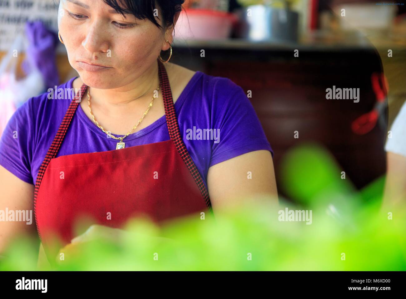 Eine vietnamesische Frau Vorbereiten der Nahrung im berühmten Restaurant Banh MI Phuong in Hoi An, Vietnam Stockfoto