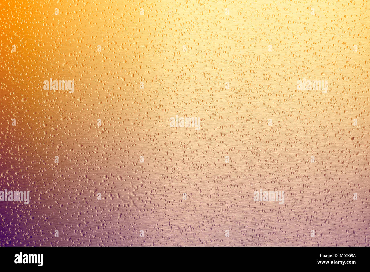 Wassertropfen auf bunte Oberfläche aus Metall als Hintergrund - Violett und Orange gradient Farbe Stockfoto