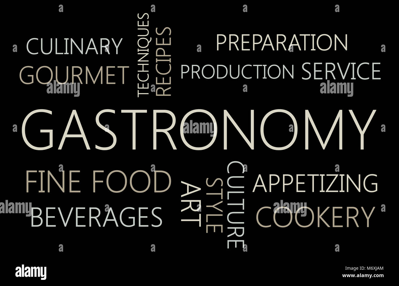 Gastronomie. Wort Wolke Konzept auf schwarzem Hintergrund Stockfoto