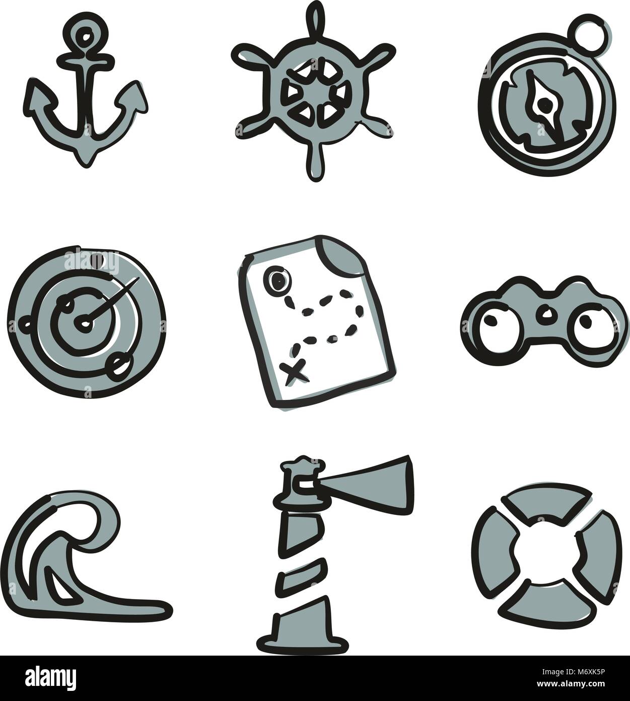 Nautische Symbole Freehand 2 Farbe Stock Vektor