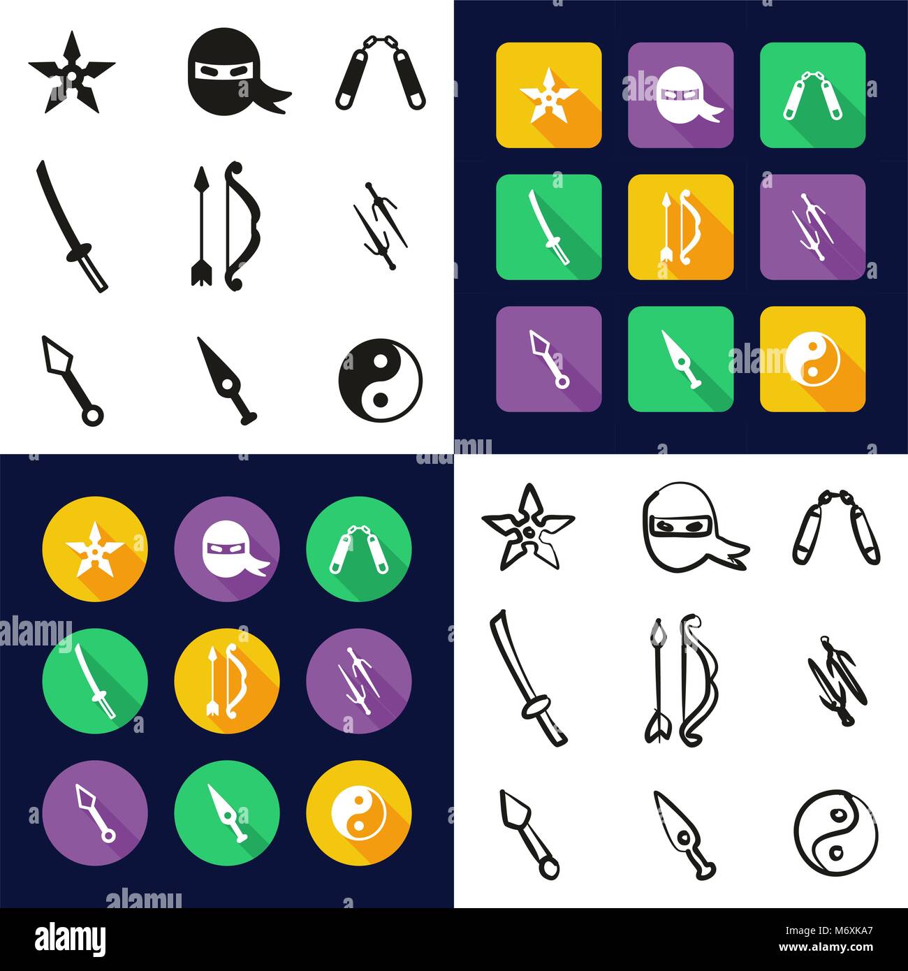 Ninja Alle in einem Symbole Schwarzweiß Farbe flaches Design Freehand eingestellt Stock Vektor