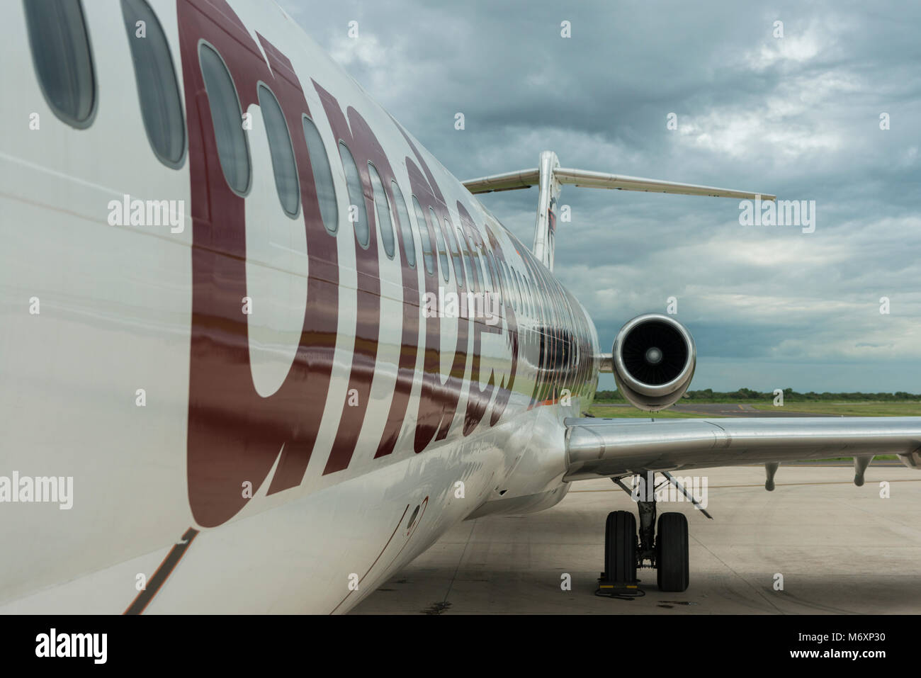 Seitenansicht auf einer Ebene von Andes Líneas Aéreas McDonnell Douglas MD-83 mit der Immatrikulation LV-WGM auf dem Vorfeld Stockfoto