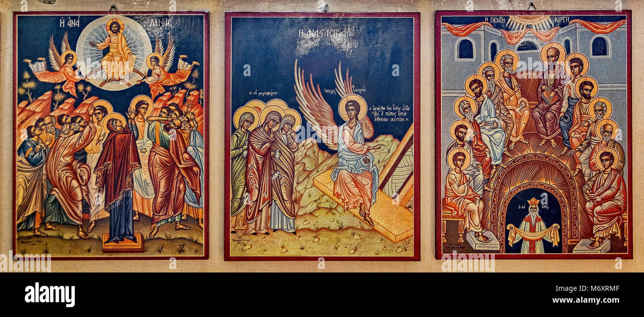 Ikonographie in St. George's Orthodoxe Kirche, Madaba, Jordanien. Teil der ganzen Serie von Bildern entlang der Mauern der Kirche. Stockfoto