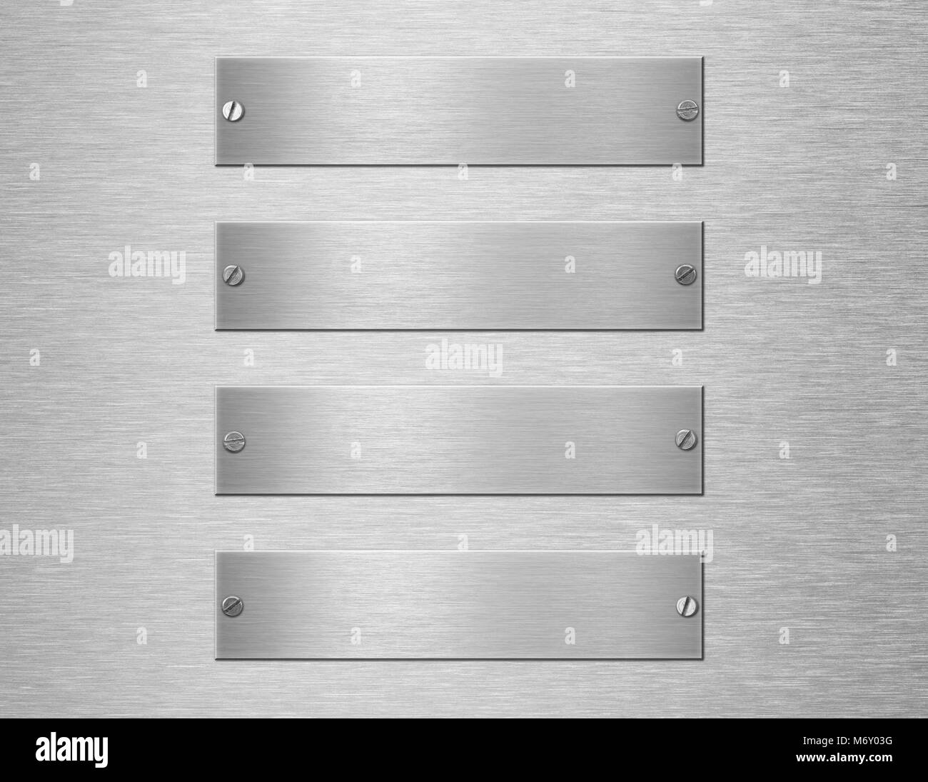 Platten oder nameboards auf Metall Wand mit Nieten isoliert auf weißem Stockfoto