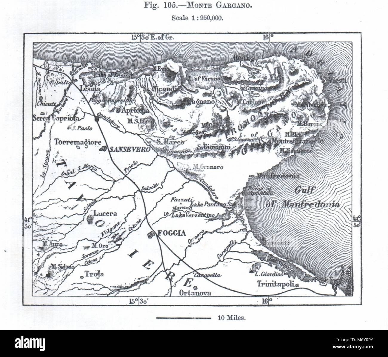 Monte Gargano. Foggia, Italien. Kartenskizze 1885 alte antike plan plan Stockfoto