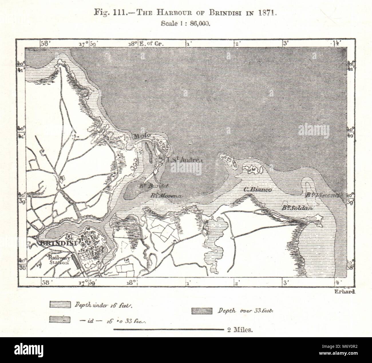 Der Hafen von Brindisi in 1871. Italien. Kartenskizze 1885 alte antike Grafik Stockfoto