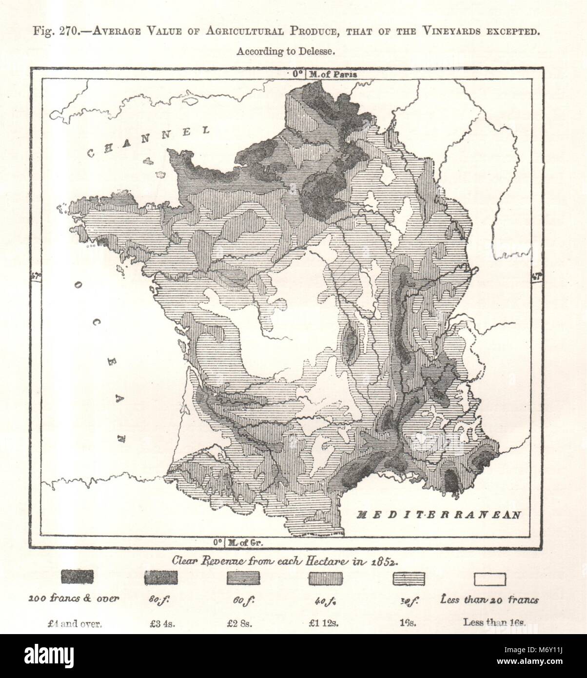 Landwirtschaftlichen Durchschnittswert produzieren. Delesse. Frankreich. Kartenskizze 1885 alte Stockfoto