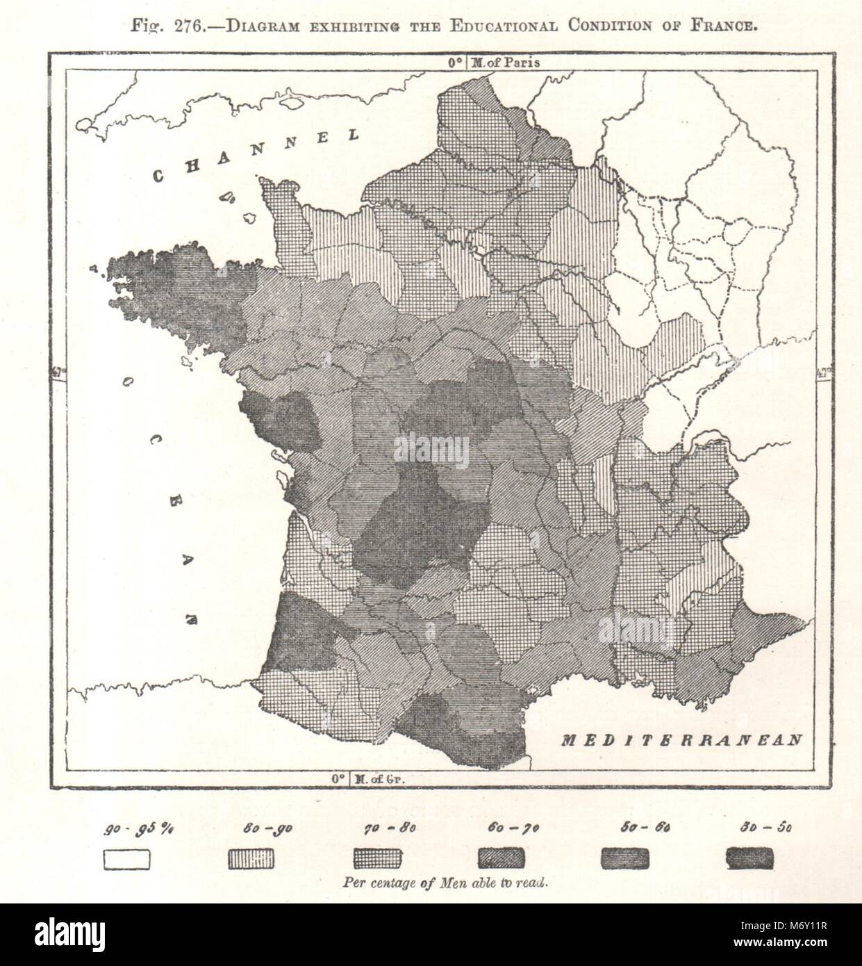 Pädagogische Zustand von Frankreich. Analphabetismus. Kartenskizze 1885 alte antike Stockfoto