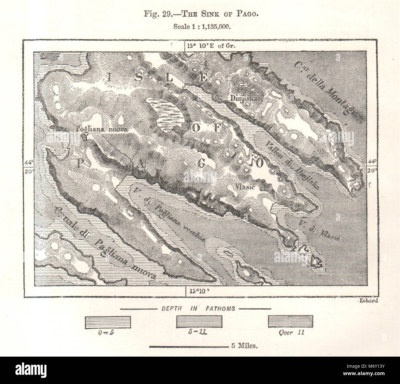 Das Waschbecken von Pag. Kroatien. Kartenskizze 1885 alte antike Vintage plan plan Stockfoto