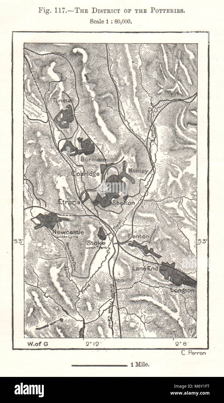 Der Bezirk der Töpfereien. Stoke upon Trent. Staffordshire. Kartenskizze 1885 Stockfoto