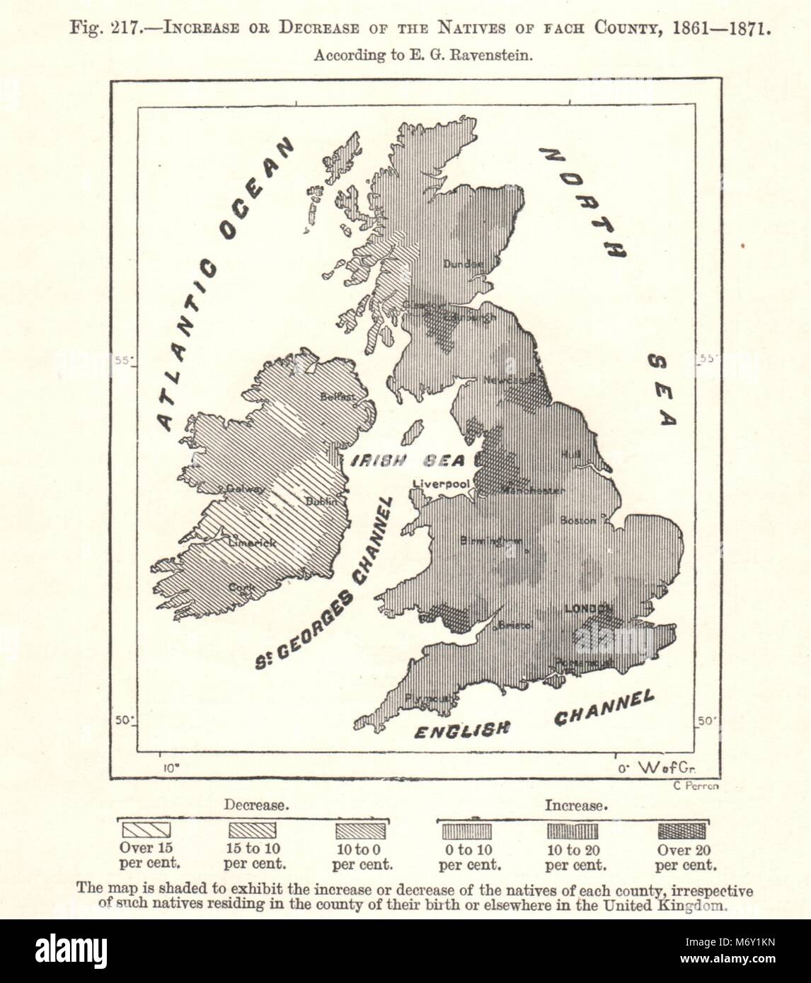 Veränderung der Bevölkerung durch Grafschaft 1861-71. Ravenstein. Britische Inseln. Kartenskizze 1885 Stockfoto
