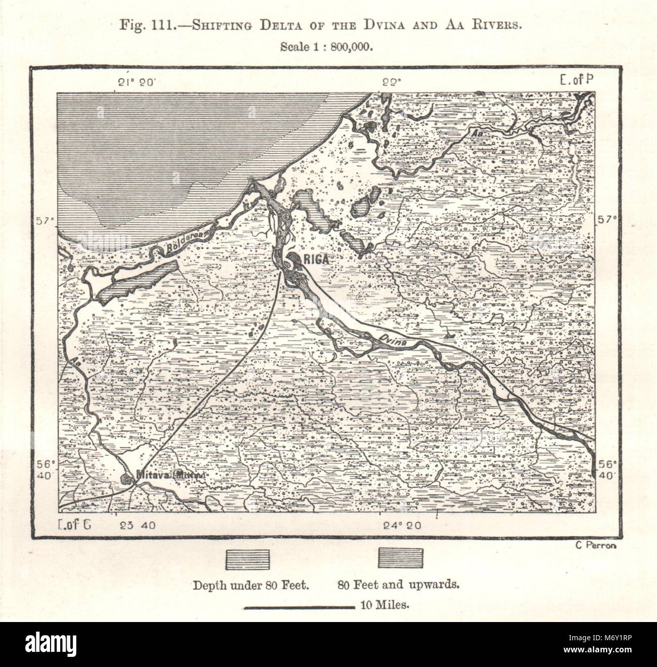 Schalten Delta der Dwina & Aa Flüsse. Riga. Lettland. Kartenskizze 1885 alte Stockfoto