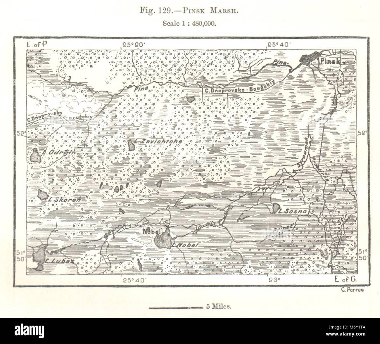 Pinsk Marsh. Belarus. Kartenskizze 1885 alte antike Vintage plan plan Stockfoto