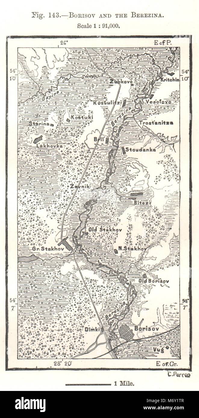 Barysaw und die Beresina. Belarus. Kartenskizze 1885 alte antike plan plan Stockfoto