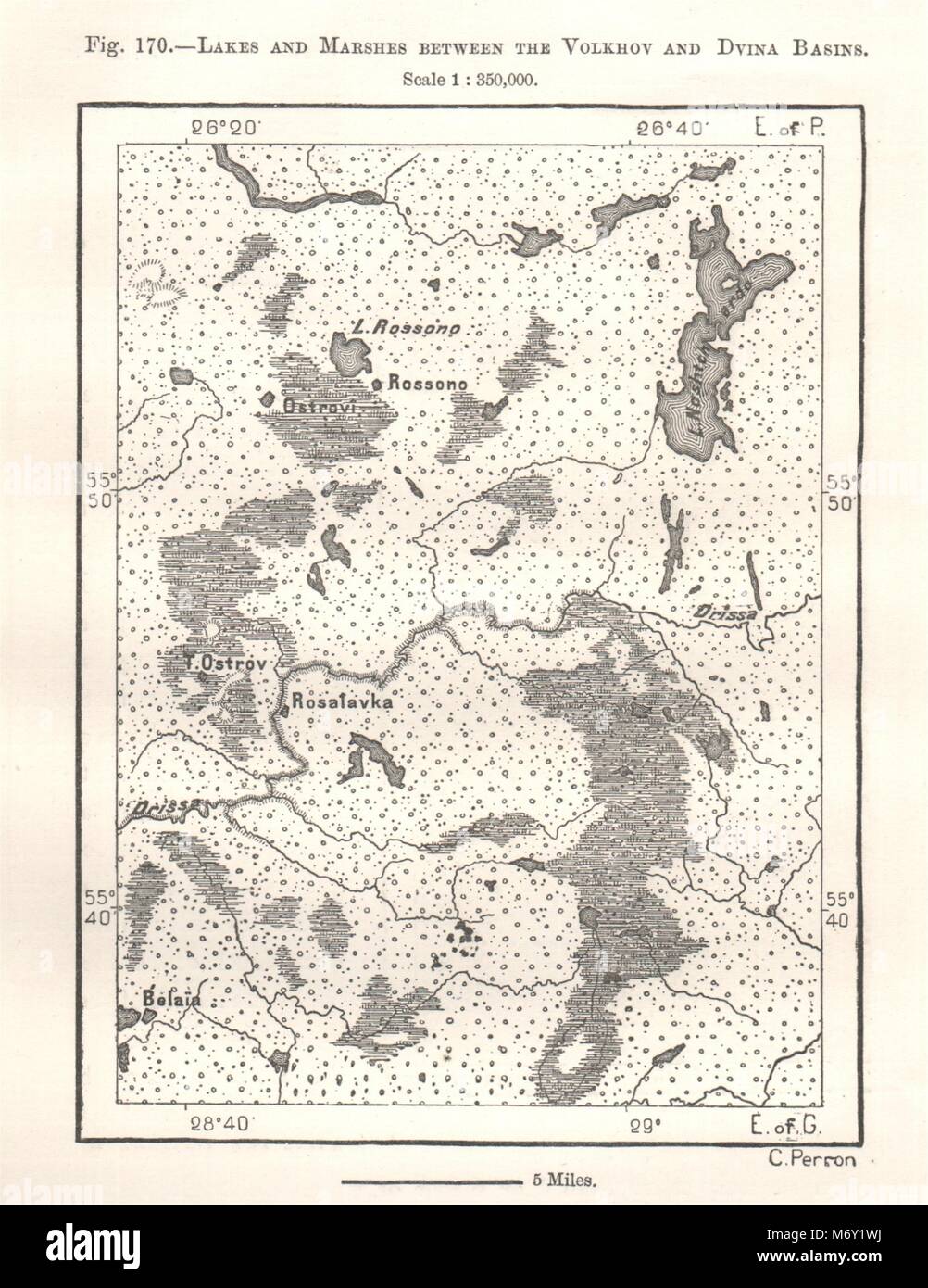 Seen und Sümpfe zwischen den Wolchow & Dwina Becken. Belarus. Kartenskizze 1885 Stockfoto