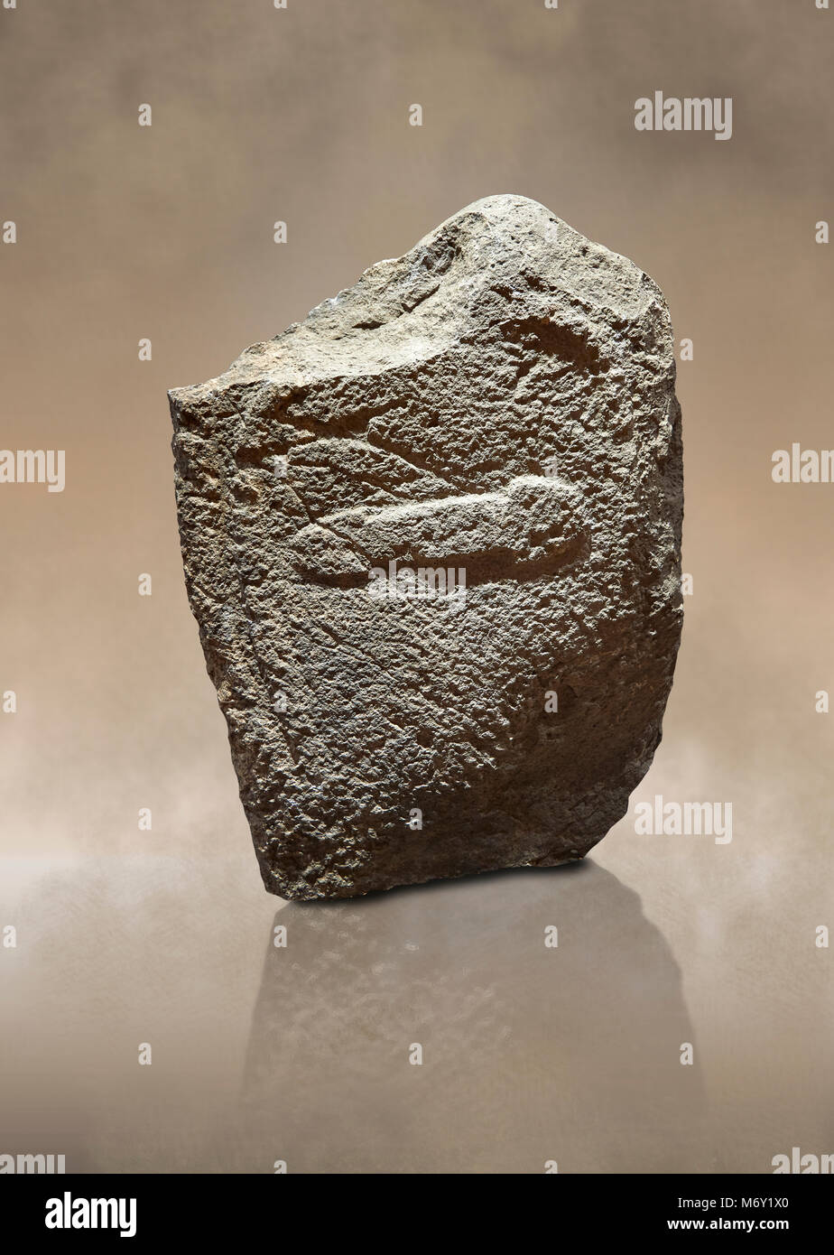 Ende der Europäischen Jungsteinzeit prähistorischen Menhir Standing Stone mit Schnitzereien auf seinem Gesicht. Die Darstellung eines stylalised männliche Figur mit dem Rema Stockfoto