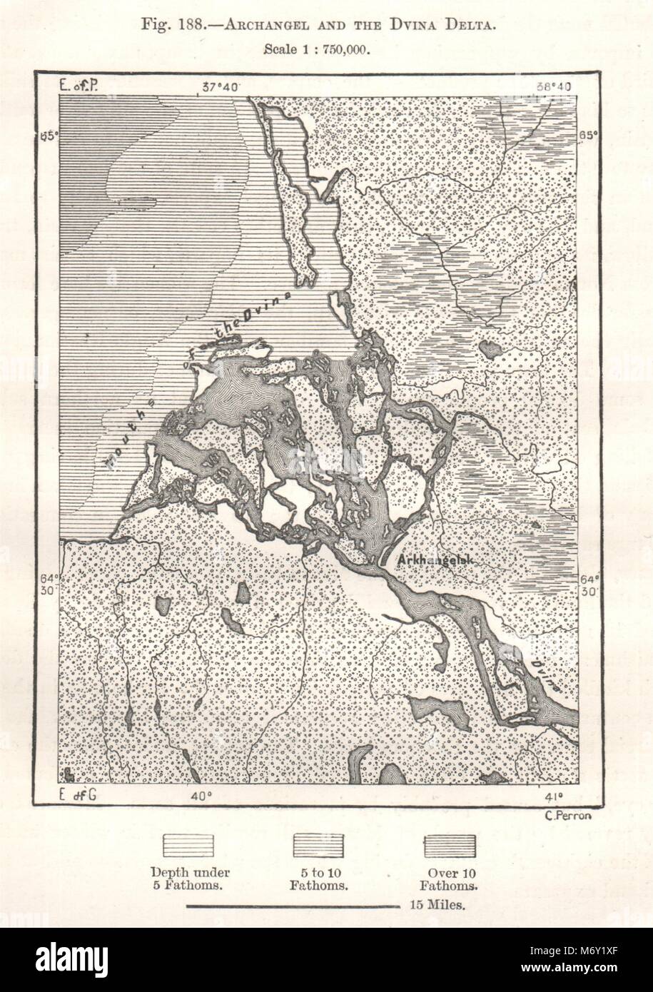 Erzengel und die dwina Delta. Archangelsk in Russland. Kartenskizze 1885 alte Stockfoto