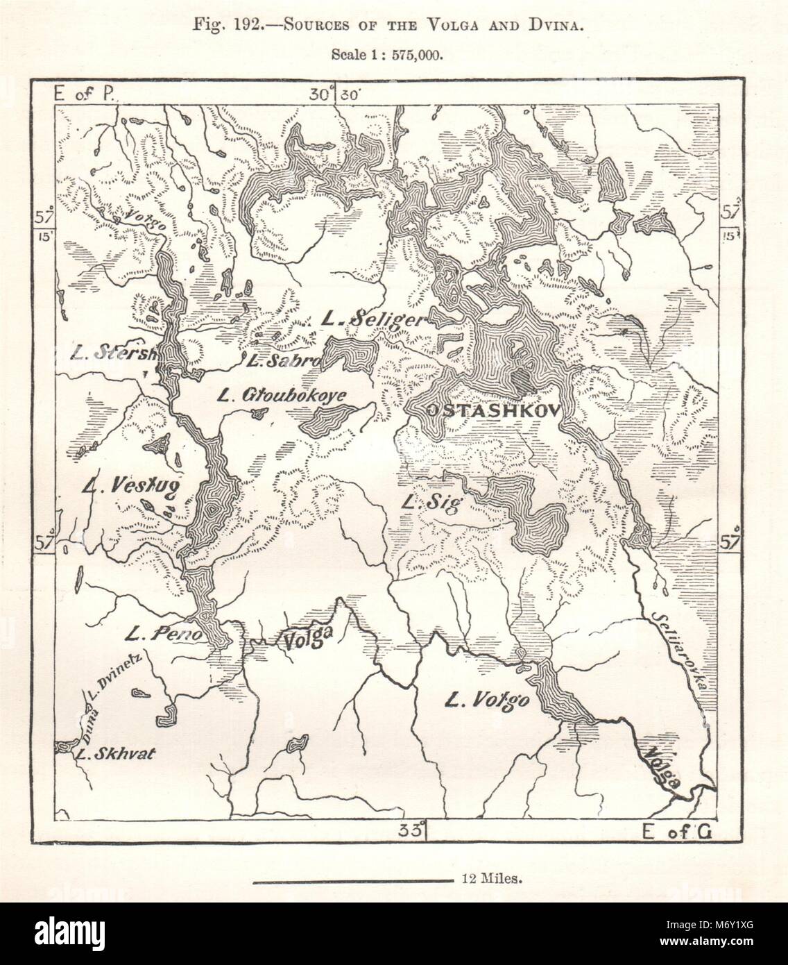 Quellen der Wolga und dwina. Orrefors Russland. Kartenskizze 1885 alte Stockfoto